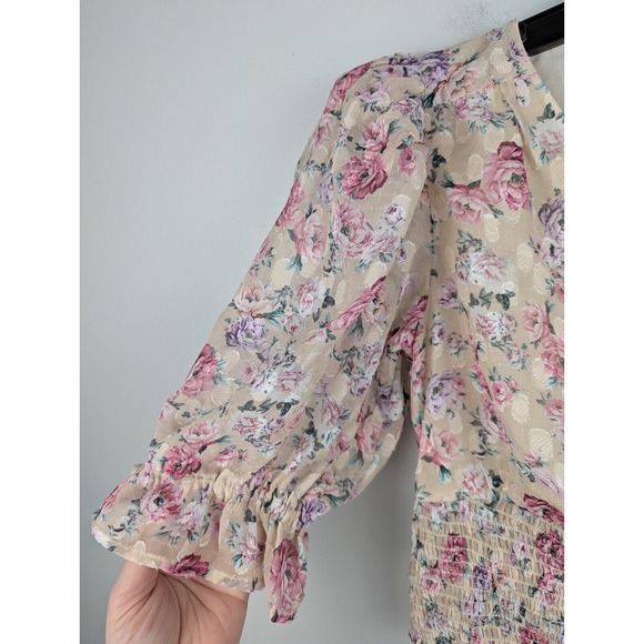 Express Women's Floral Puff Sleeve Smocked V-Neck S Cropped Top Boho Cottagecore - Picture 4 of 9